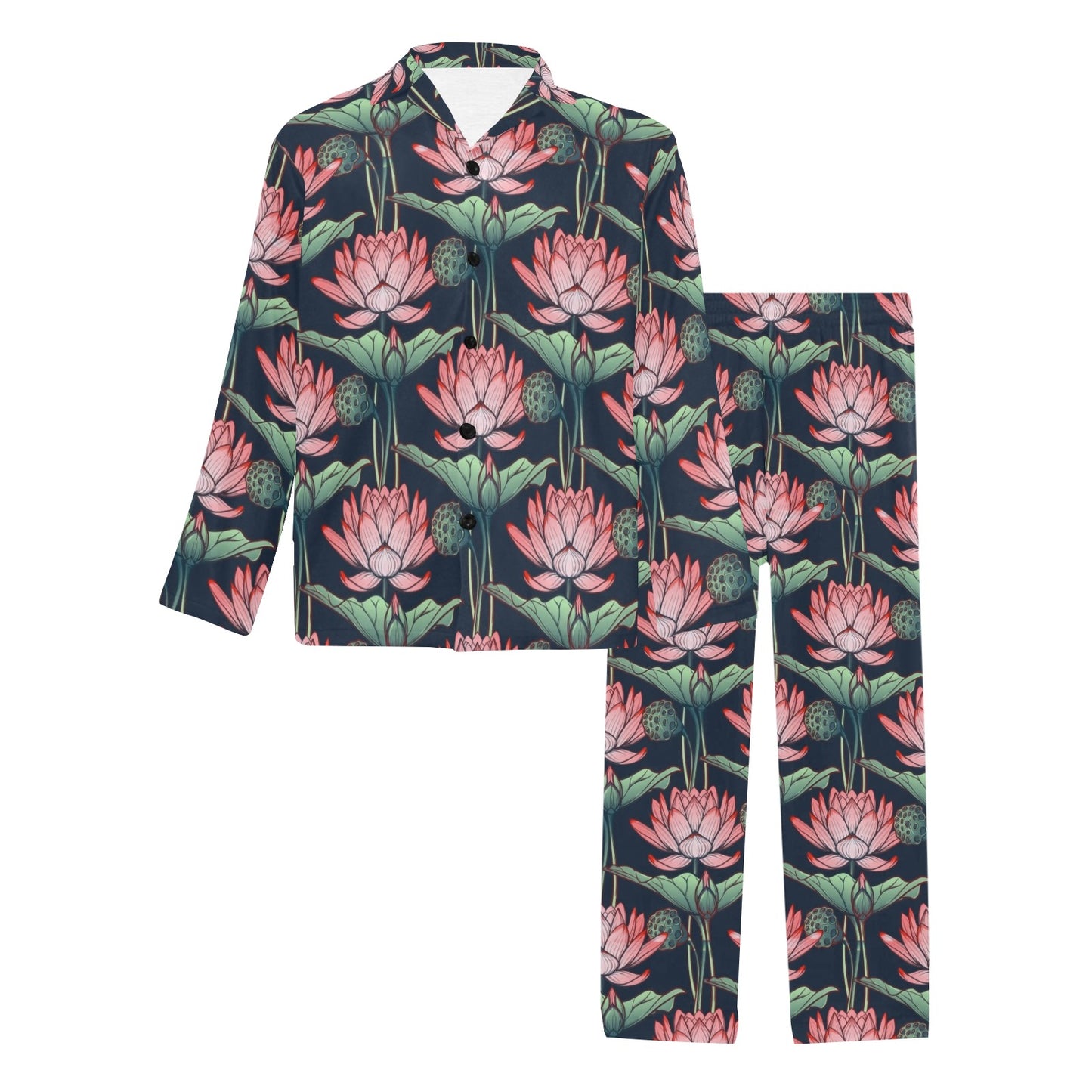 Water Lily Pattern Print Design WL03 Men's Long Pajama Set