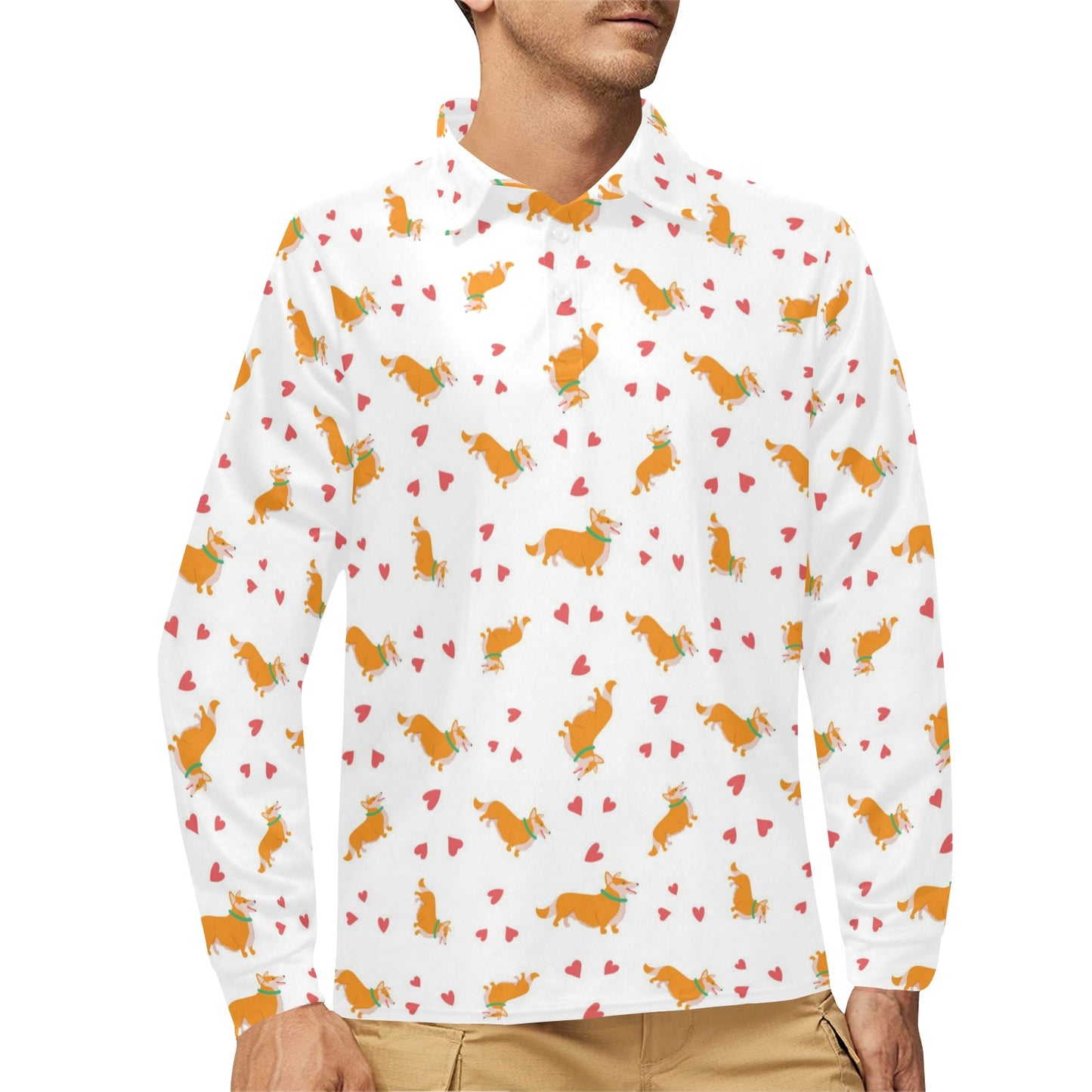 Cardigan Welsh Corgis Pattern Print Design 04 Long Sleeve Polo Shirt For Men's
