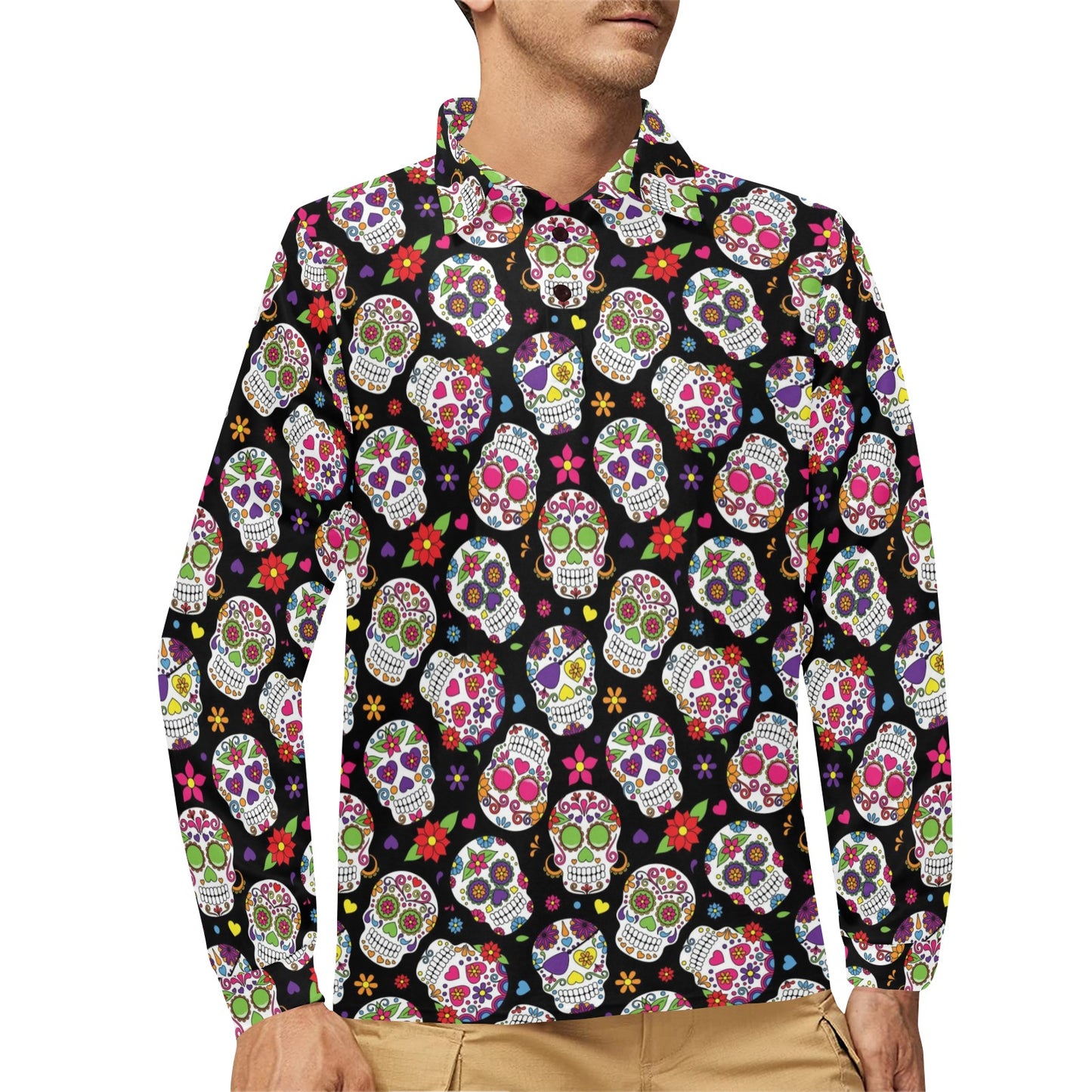 Sugar Skull Print Design LKS302 Long Sleeve Polo Shirt For Men's