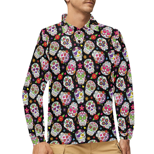 Sugar Skull Print Design LKS302 Long Sleeve Polo Shirt For Men's