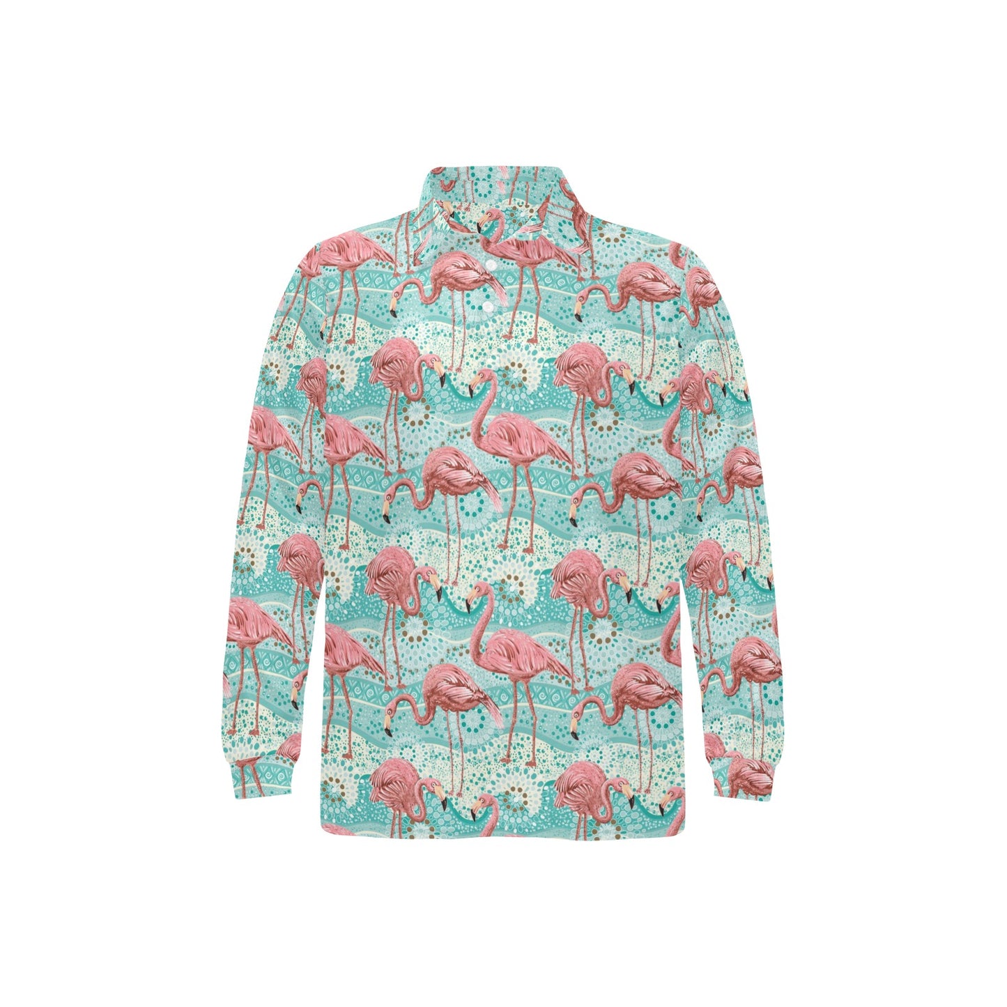 Flamingo Background Themed Print Long Sleeve Polo Shirt For Men's
