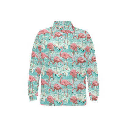 Flamingo Background Themed Print Long Sleeve Polo Shirt For Men's