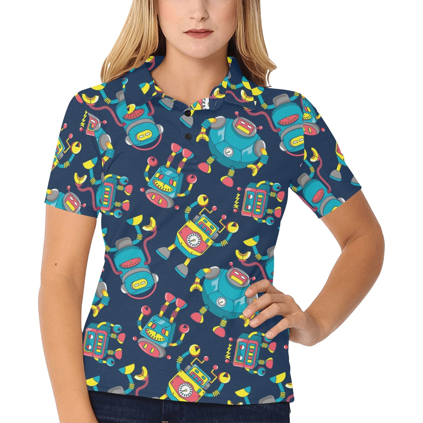 Robot Pattern Print Design A05 Women's Polo Shirt