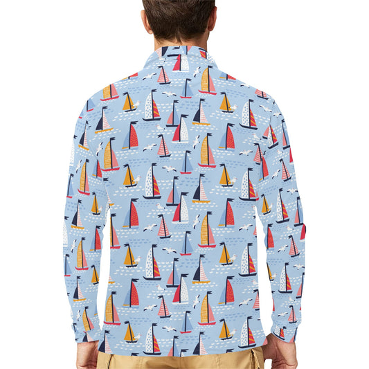 Sailboat Print Design LKS304 Long Sleeve Polo Shirt For Men's