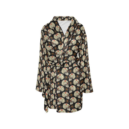 Sugar Skull Flower Design Themed Print Women's Fleece Robe