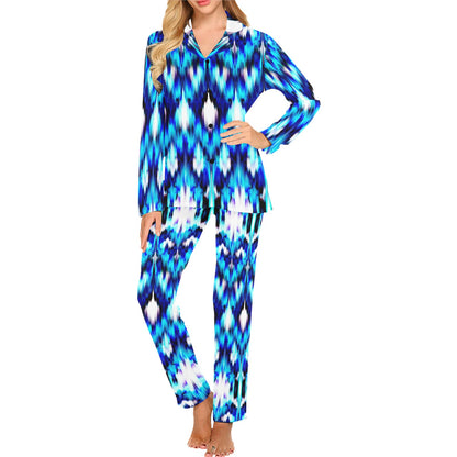 Ikat Blue Pattern Print Design 01 Women's Long Pajama Set
