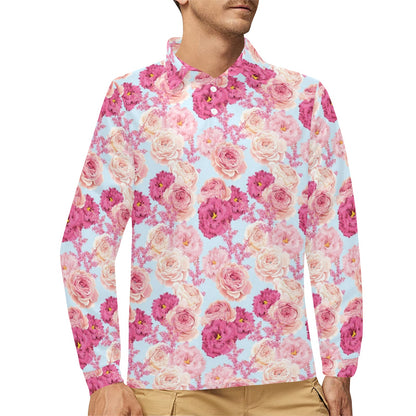 Lisianthus Pattern Print Design LT05 Long Sleeve Polo Shirt For Men's