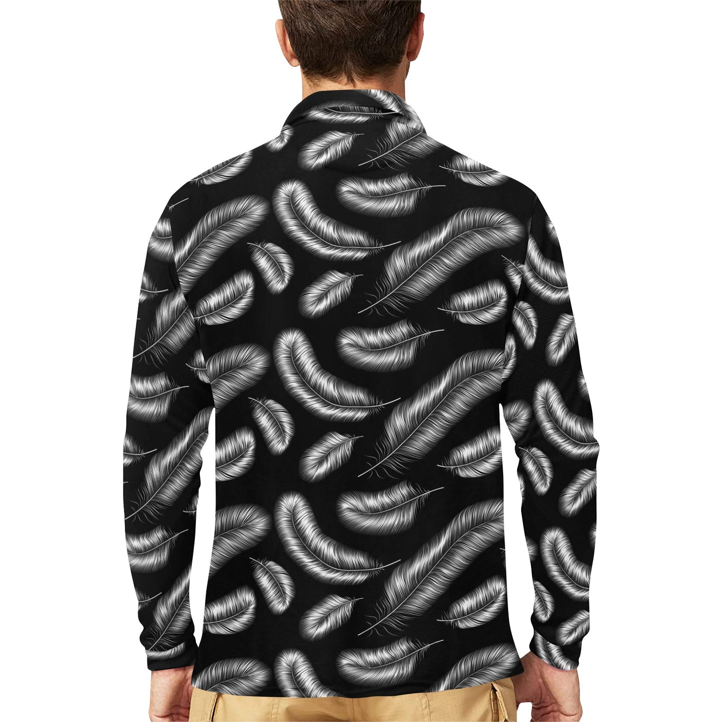Feather Black White Design Print Long Sleeve Polo Shirt For Men's
