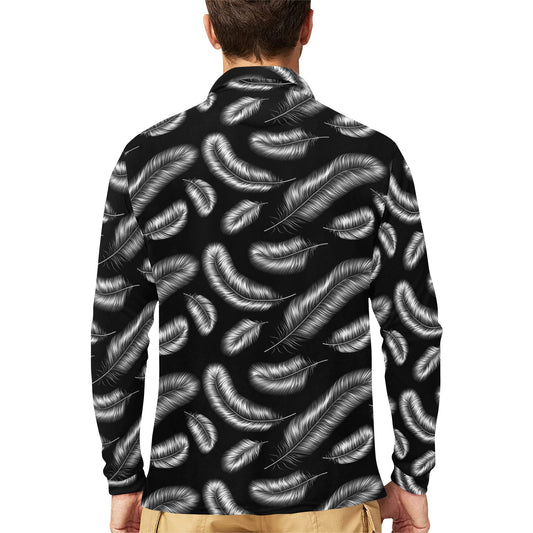 Feather Black White Design Print Long Sleeve Polo Shirt For Men's
