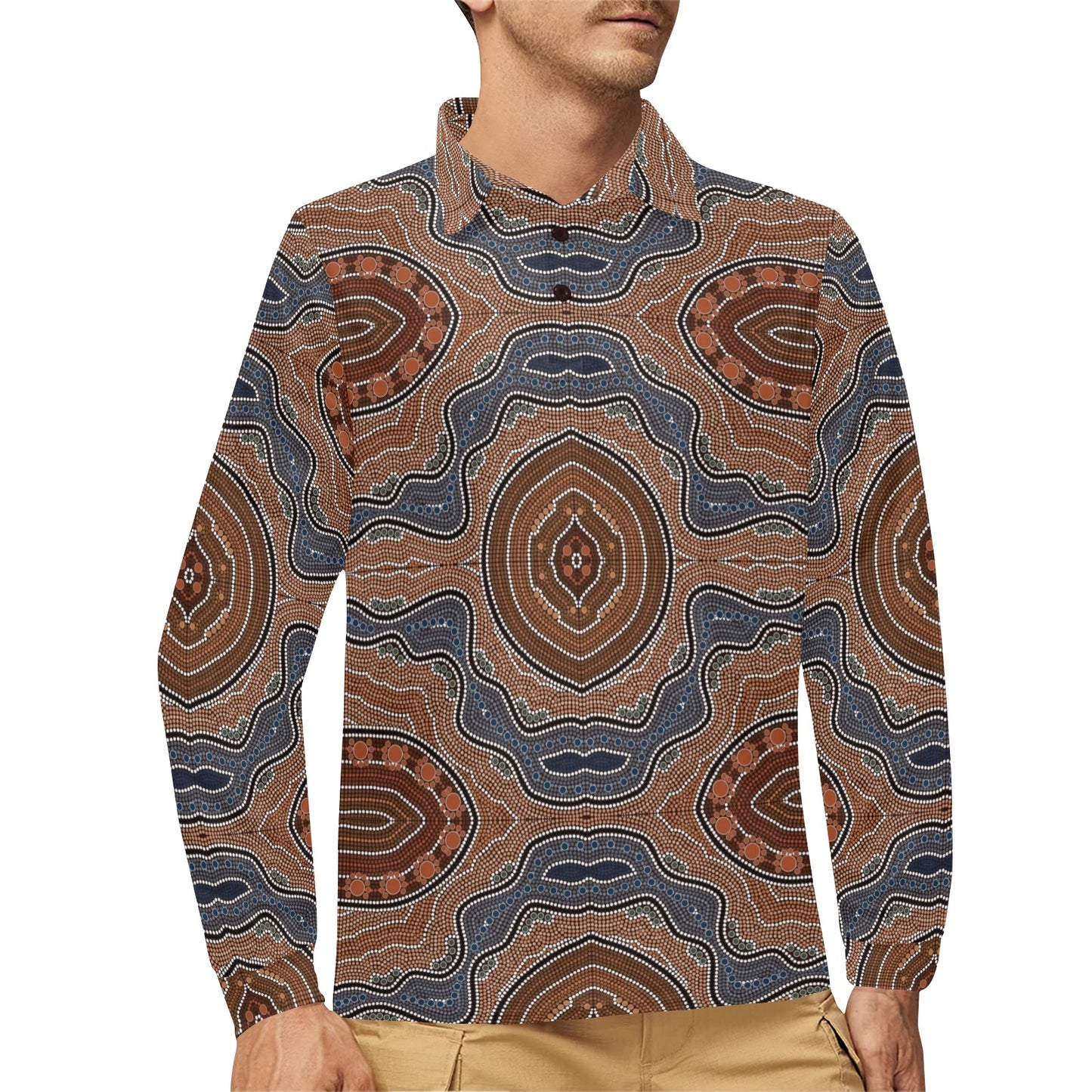 Aboriginal Pattern Print Design 01 Long Sleeve Polo Shirt For Men's