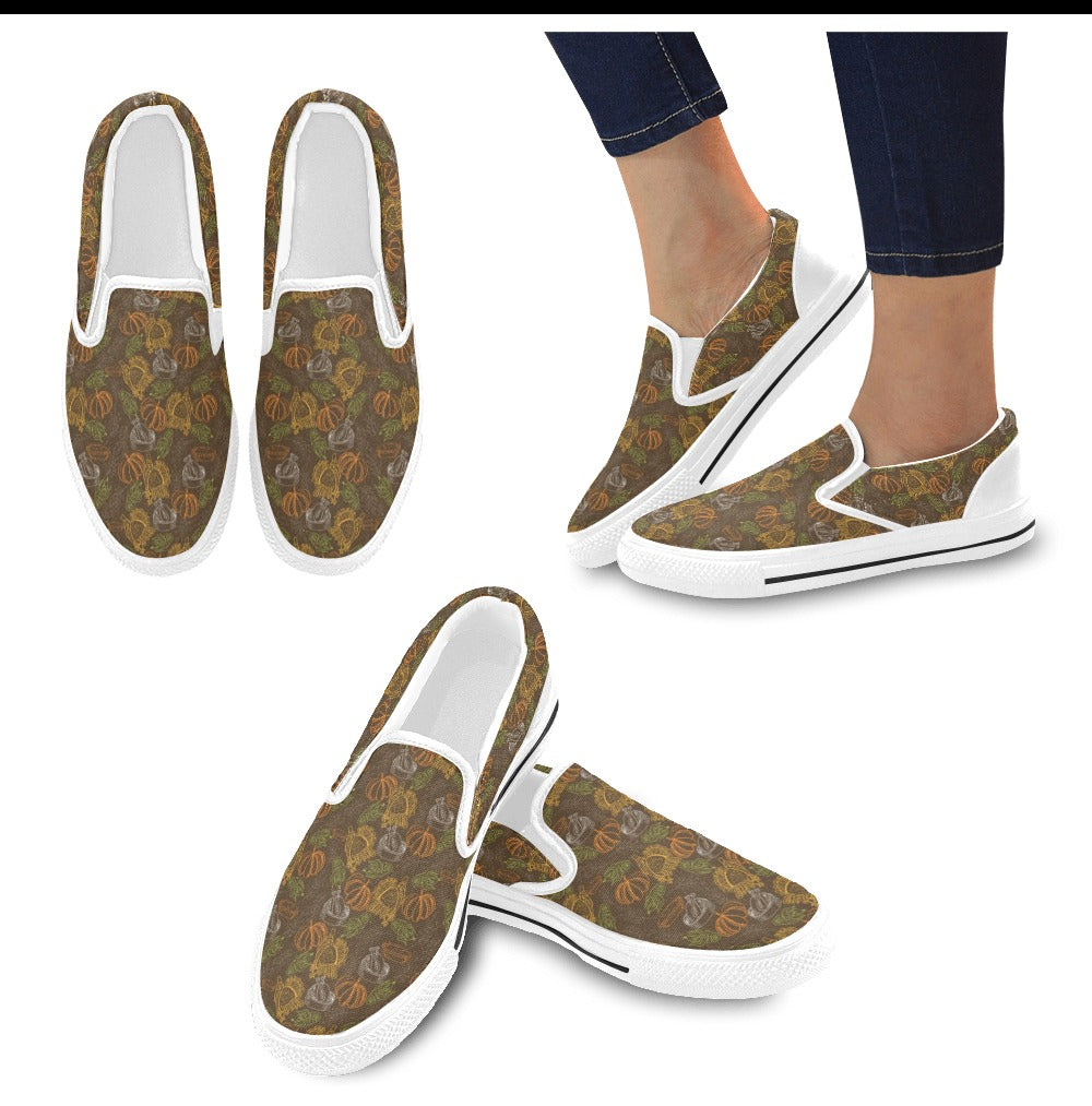 Thanksgiving Print Design LKS301 White Slip Ons Canvas Women's Shoes
