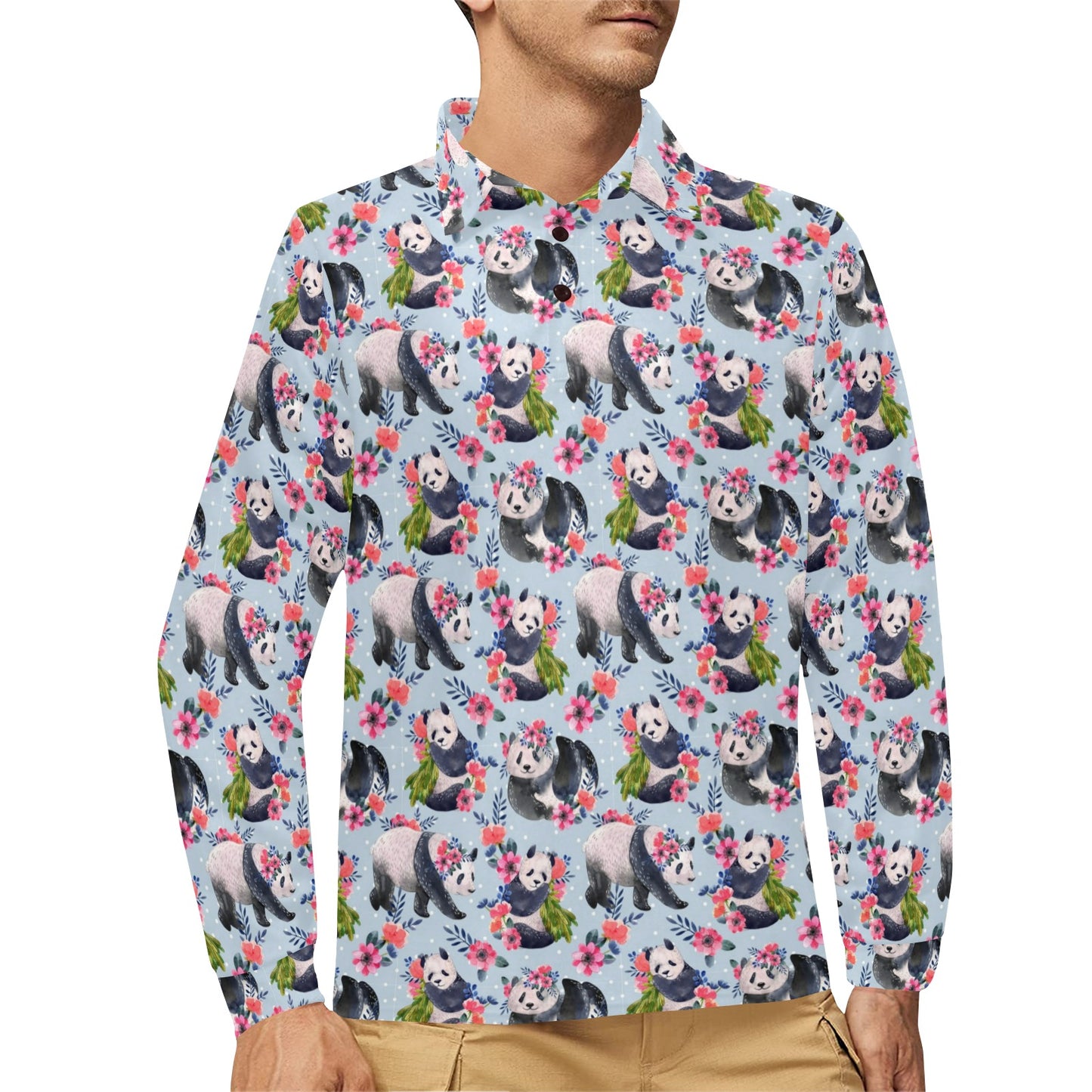 Panda Bear Flower Design Themed Print Long Sleeve Polo Shirt For Men's