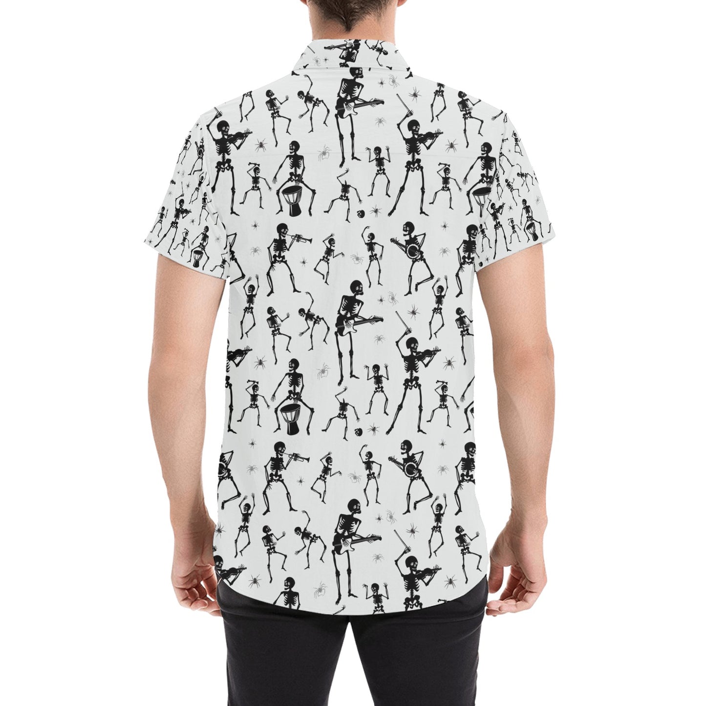 Skeleton Music Player Print Design LKS303 Men Short Sleeve Button Up Shirt