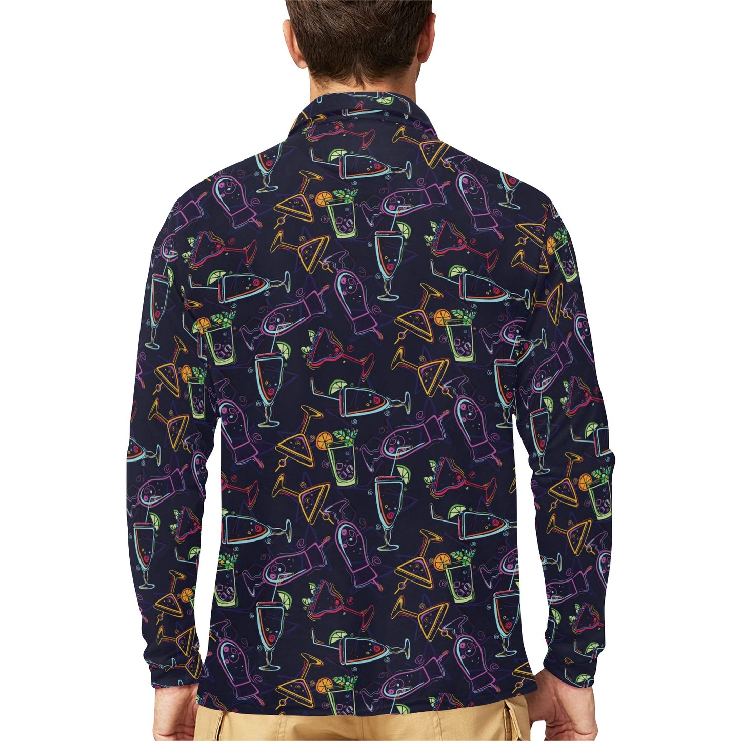 Cocktail Pattern Print Design 04 Long Sleeve Polo Shirt For Men's