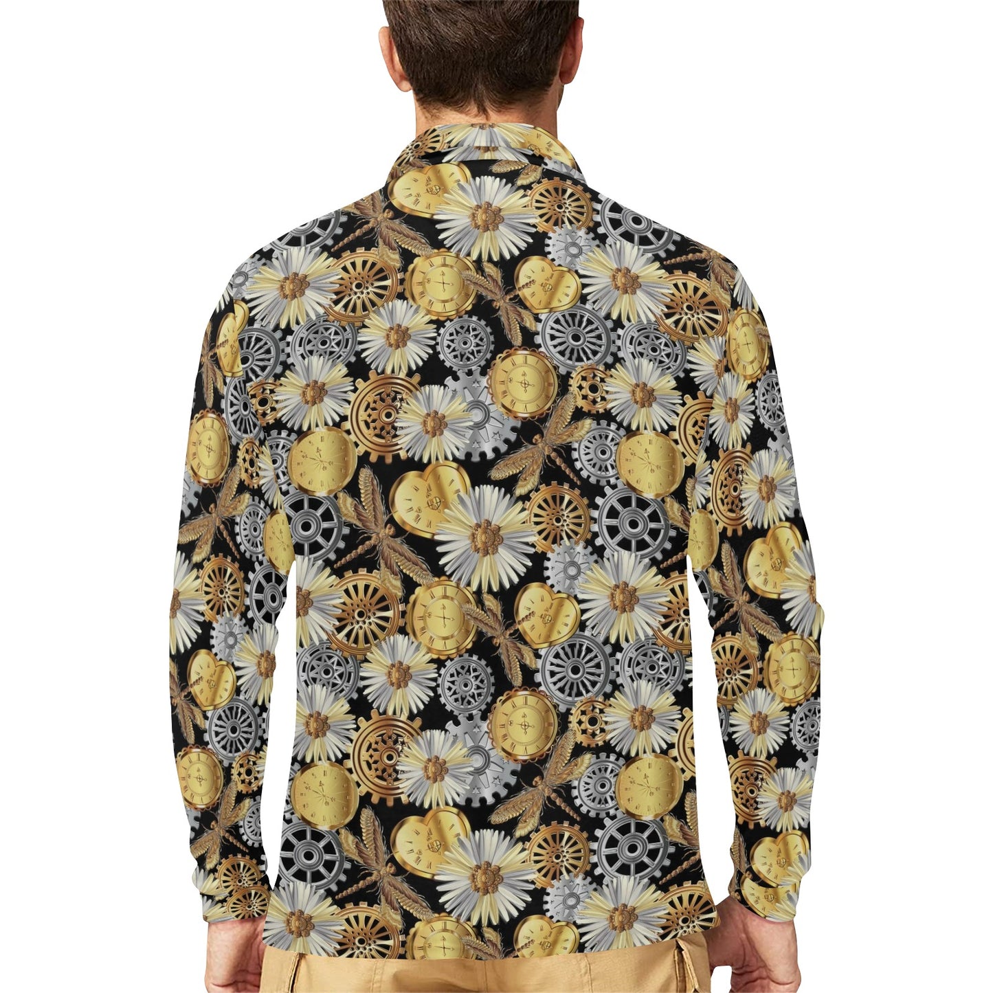 Steampunk Dragonfly Print Design LKS302 Long Sleeve Polo Shirt For Men's