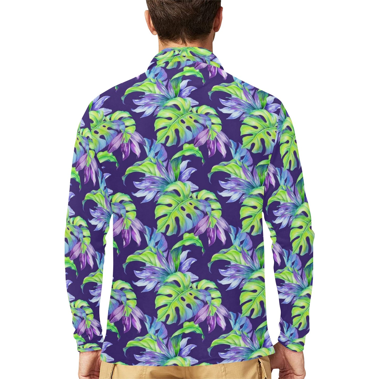 Tropical Flower Pattern Print Design TF019 Long Sleeve Polo Shirt For Men's