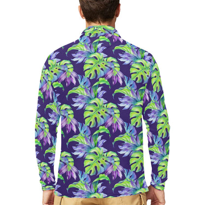 Tropical Flower Pattern Print Design TF019 Long Sleeve Polo Shirt For Men's