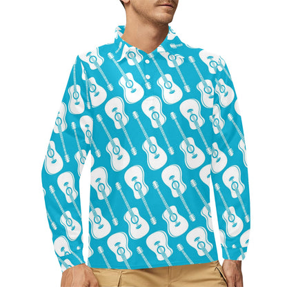 Acoustic Guitar Print Design LKS404 Long Sleeve Polo Shirt For Men's