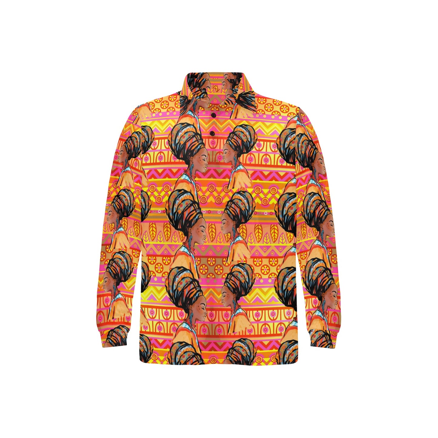 African Girl Aztec Long Sleeve Polo Shirt For Men's