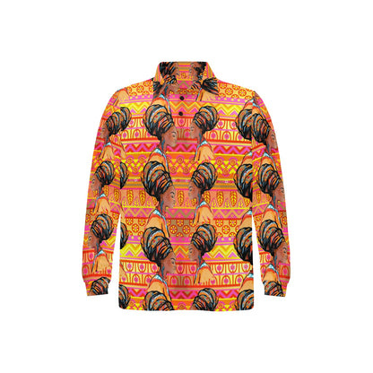 African Girl Aztec Long Sleeve Polo Shirt For Men's