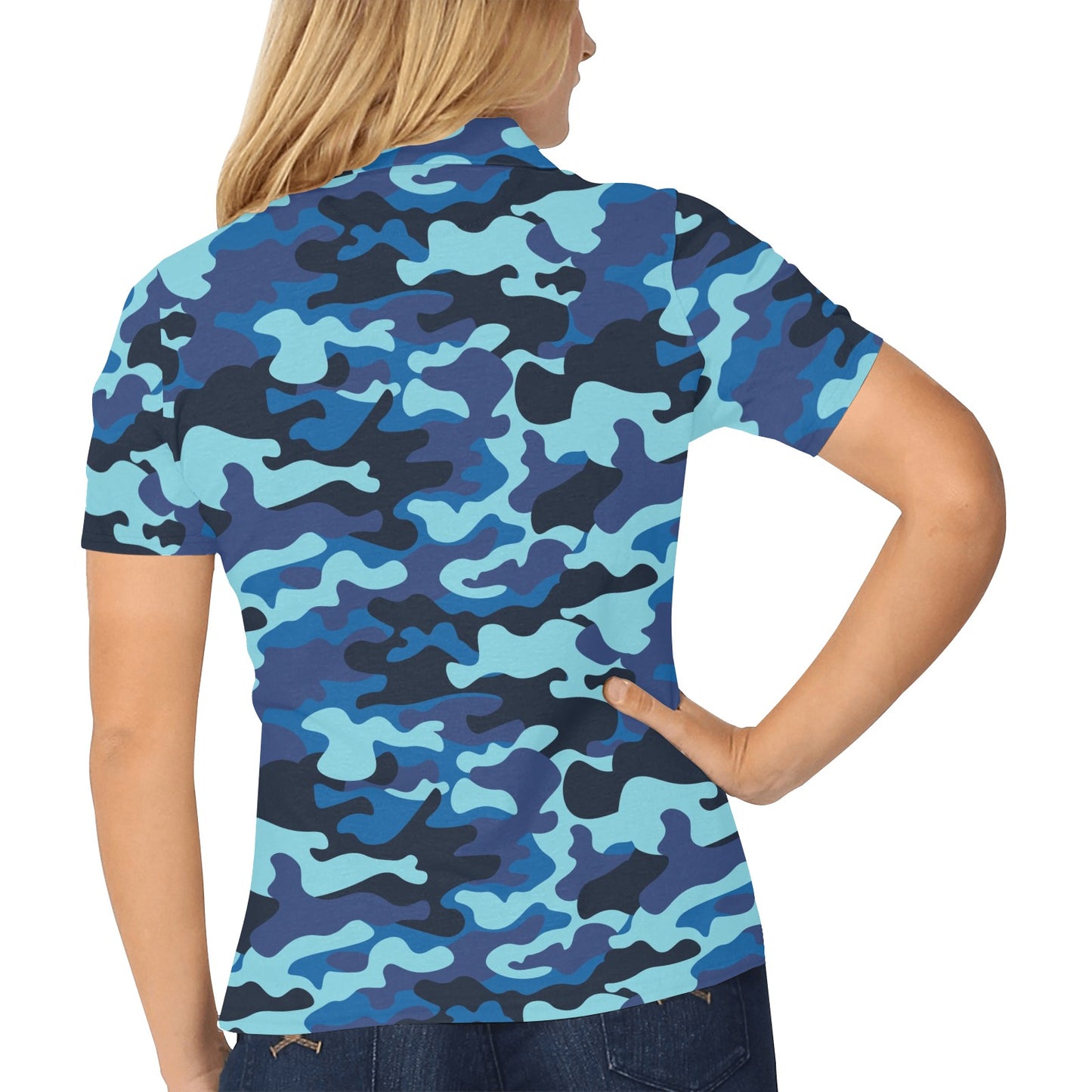 Camo Blue Pattern Print Design 04 Women's Polo Shirt