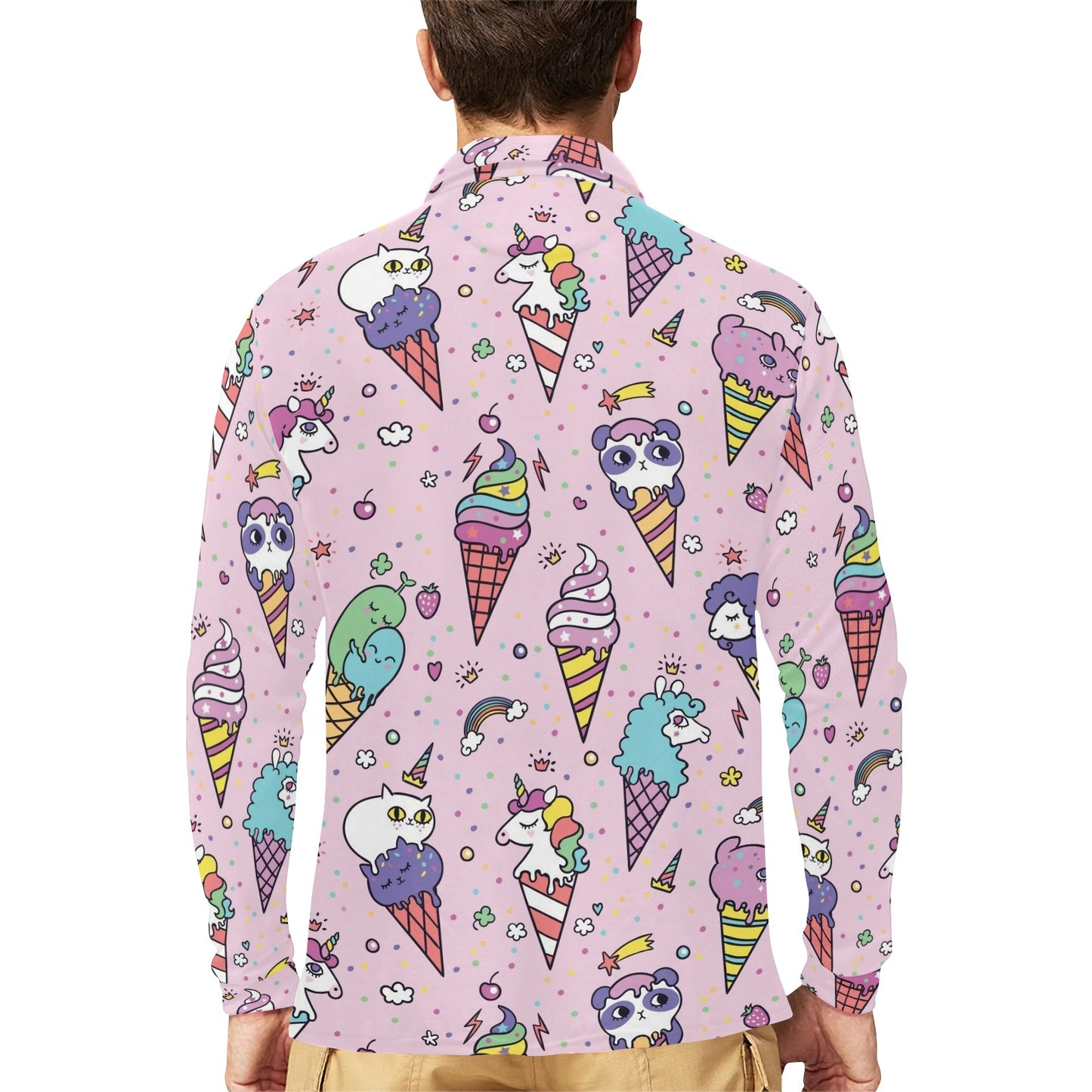 Ice Cream Pattern Print Design IC05 Long Sleeve Polo Shirt For Men's