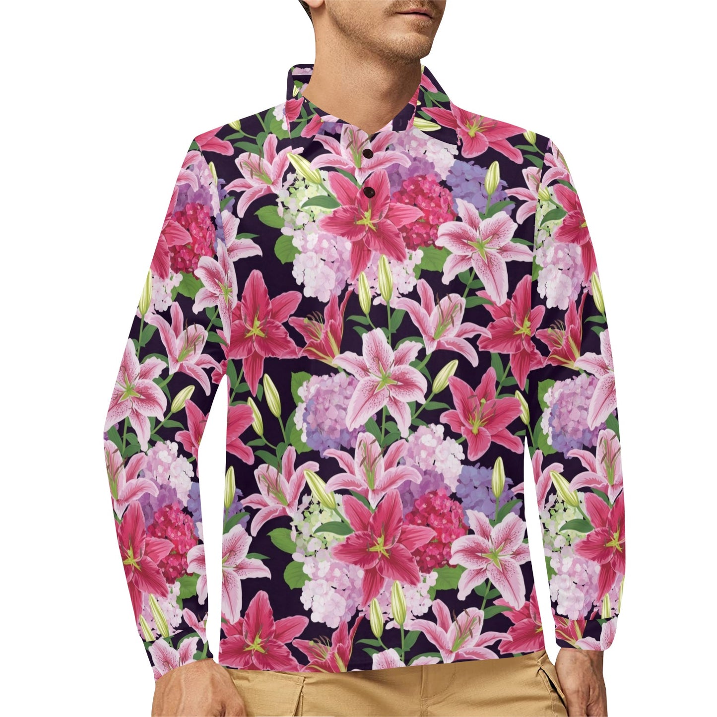 Lily Pattern Print Design LY017 Long Sleeve Polo Shirt For Men's