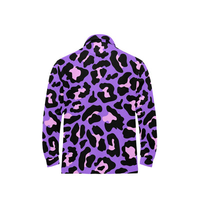Cheetah Purple Neon Print Pattern Long Sleeve Polo Shirt For Men's