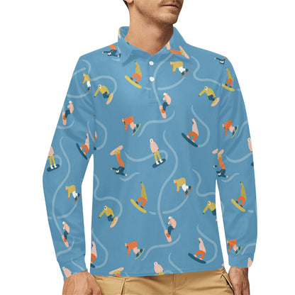 Snowboard Print Design LKS303 Long Sleeve Polo Shirt For Men's
