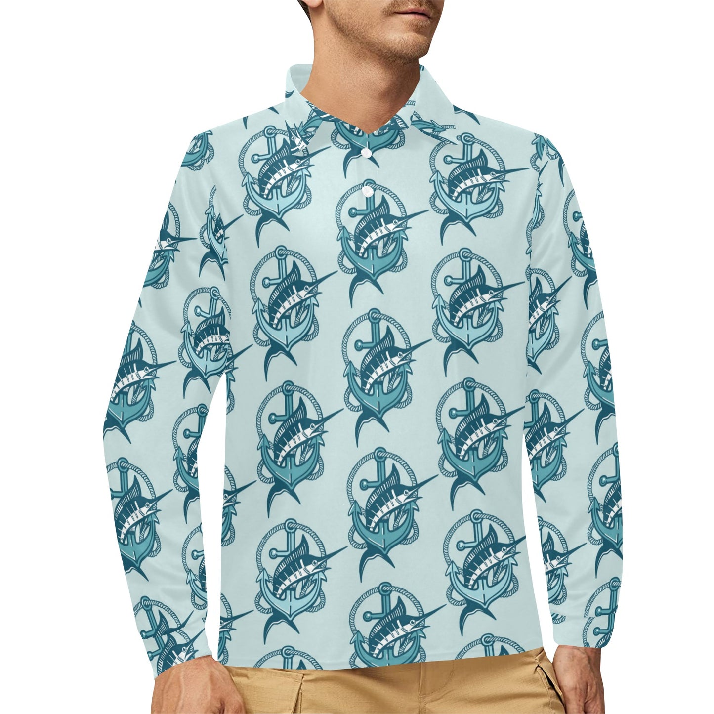 Swordfish Pattern Print Design 03 Long Sleeve Polo Shirt For Men's