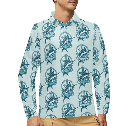 Swordfish Pattern Print Design 03 Long Sleeve Polo Shirt For Men's