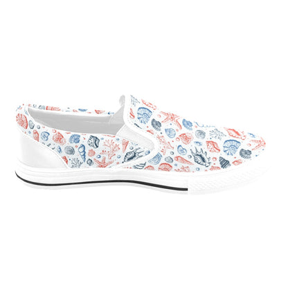 Seashell Print Design LKS307 White Slip Ons Canvas Women's Shoes