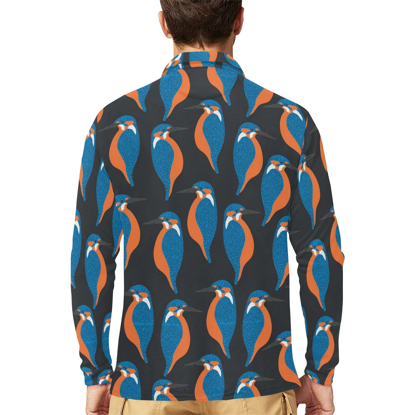 Kingfisher Pattern Print Design 03 Long Sleeve Polo Shirt For Men's