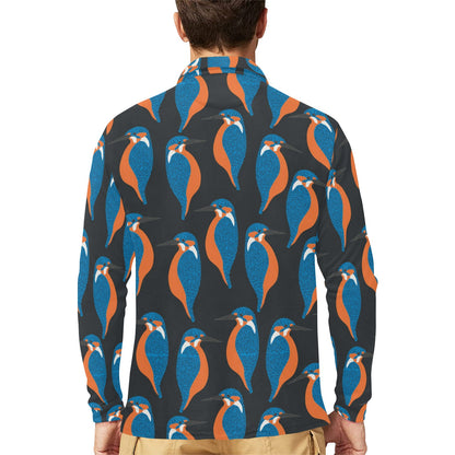 Kingfisher Pattern Print Design 03 Long Sleeve Polo Shirt For Men's