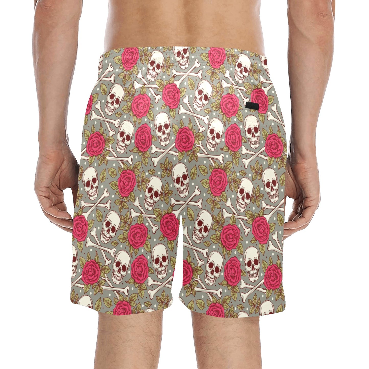 Skull Bone Rose Print Design LKS303 Men's Swim Trunks Beach Shorts