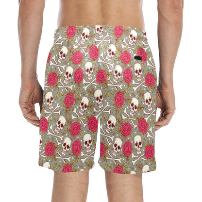 Skull Bone Rose Print Design LKS303 Men's Swim Trunks Beach Shorts