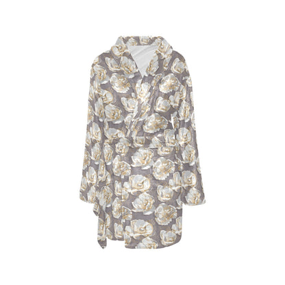 Elegant Grey Flower Print Women's Fleece Robe