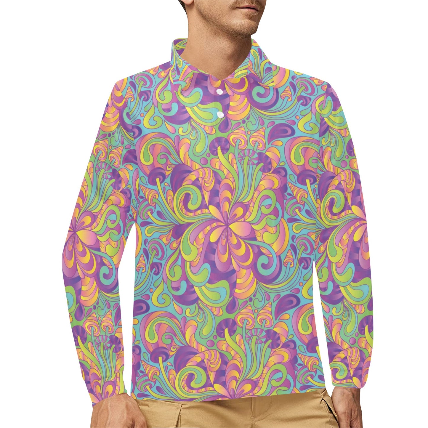 Psychedelic Mushroom Pattern Print Design A05 Long Sleeve Polo Shirt For Men's