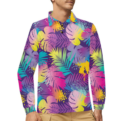 Palm Leaf Pattern Print Design A04 Long Sleeve Polo Shirt For Men's