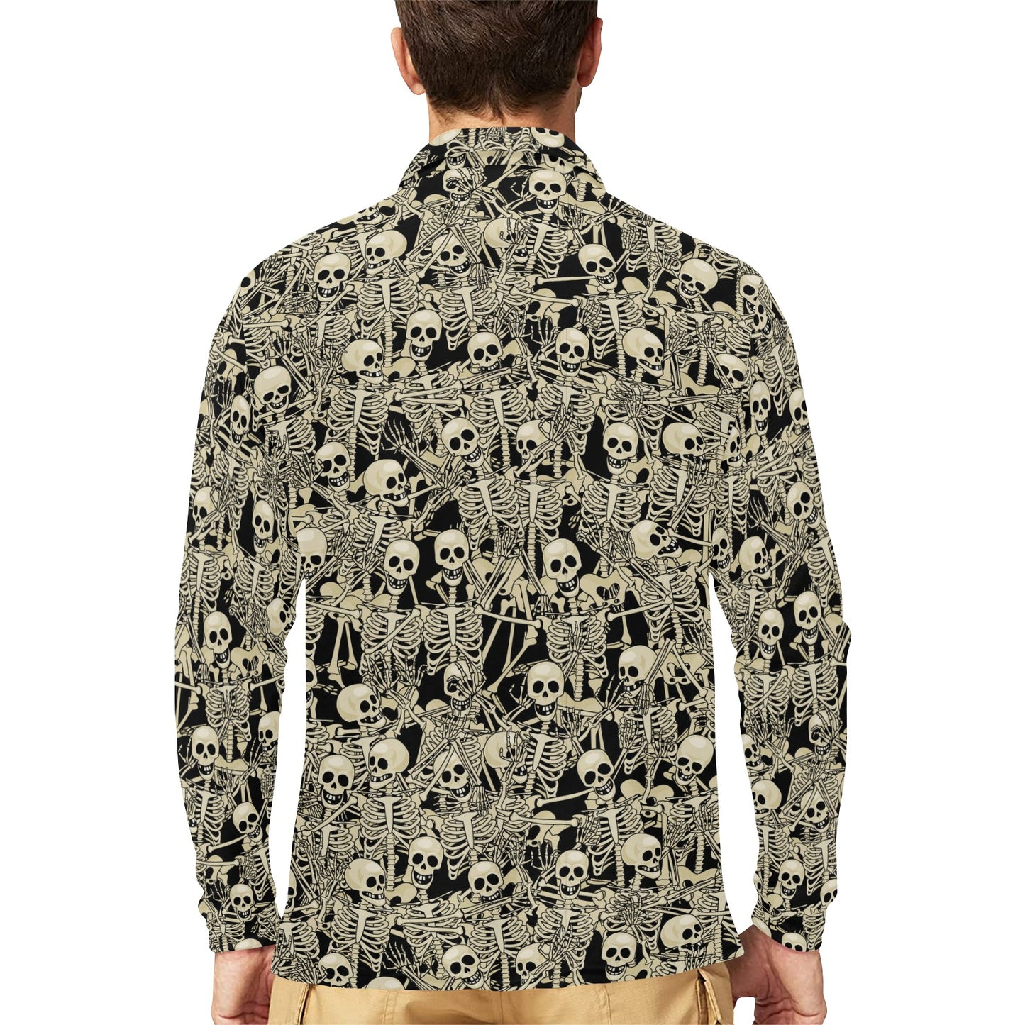 Skeleton Design Print Long Sleeve Polo Shirt For Men's
