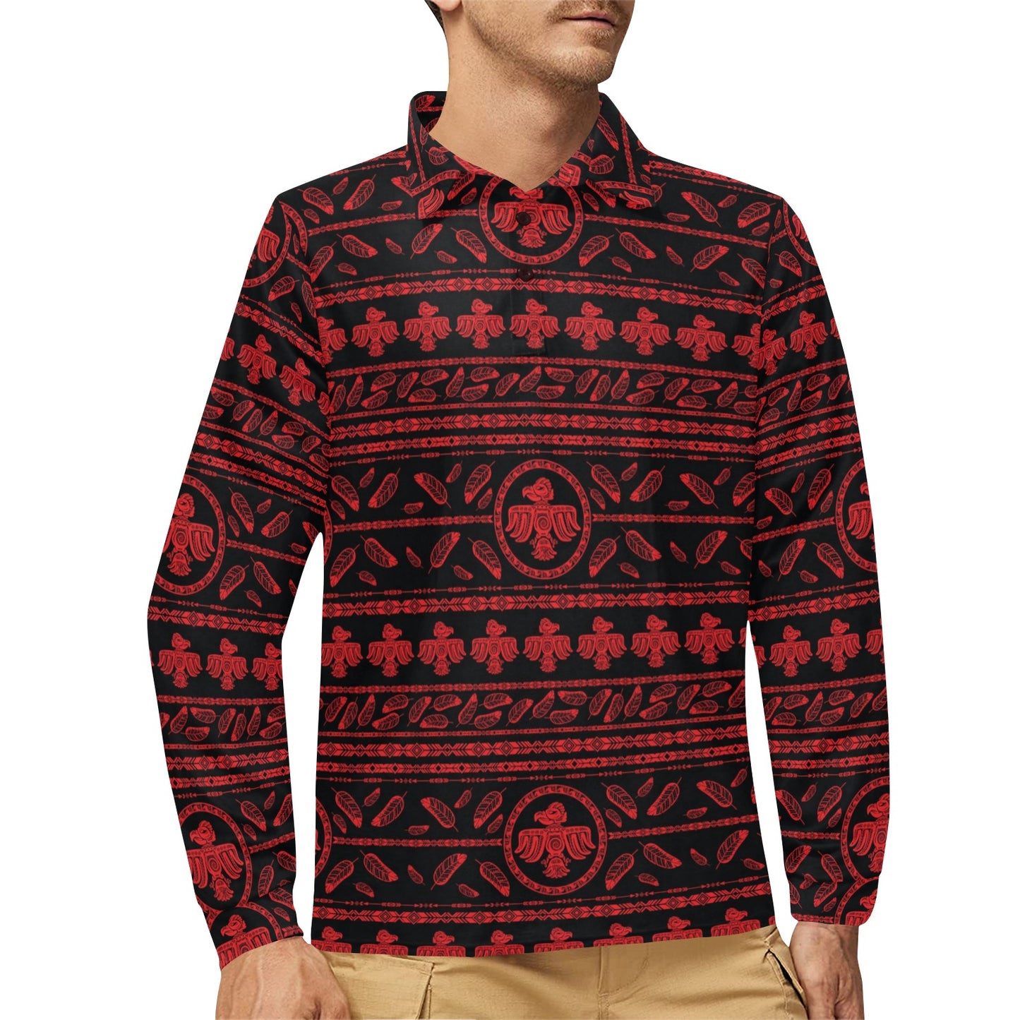 Native American Eagle Themed Print Long Sleeve Polo Shirt For Men's