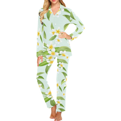 Yellow Plumeria Pattern Print Design PM024 Women's Long Pajama Set