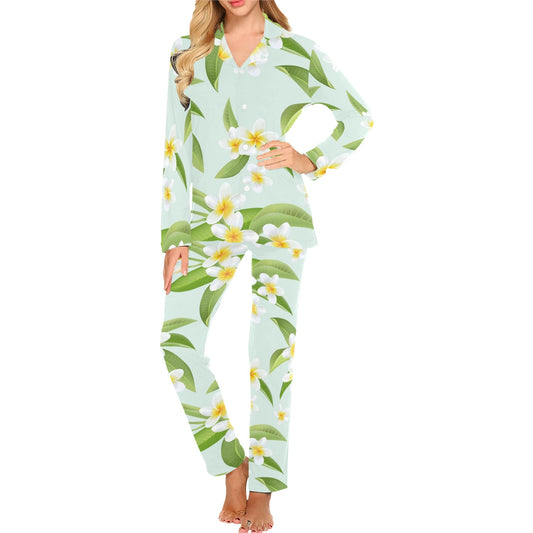 Yellow Plumeria Pattern Print Design PM024 Women's Long Pajama Set