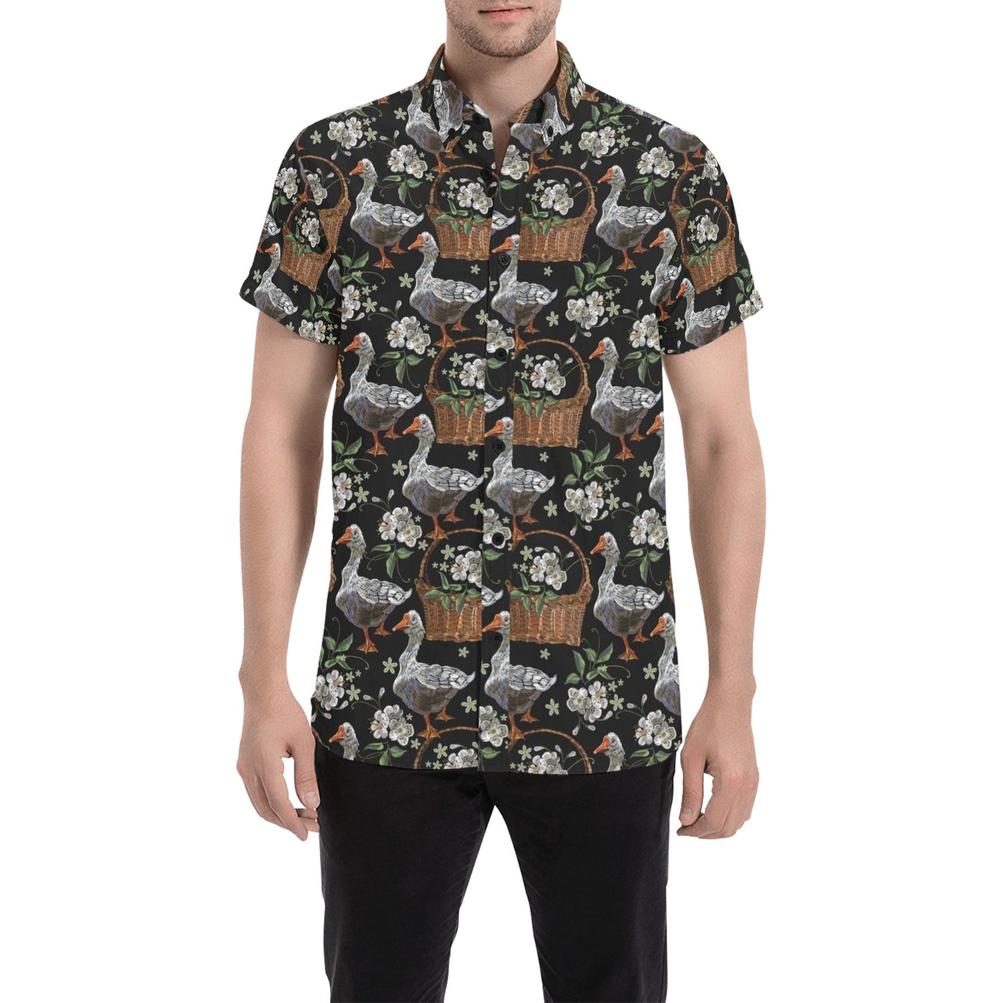 Goose Print Design LKS406 Men Short Sleeve Button Up Shirt