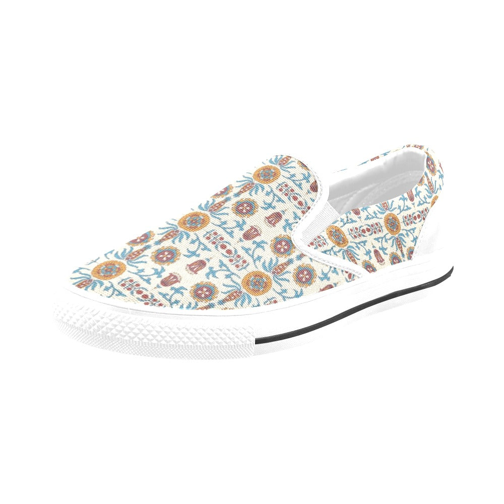 Suzani Print Design LKS301 White Slip Ons Canvas Women's Shoes