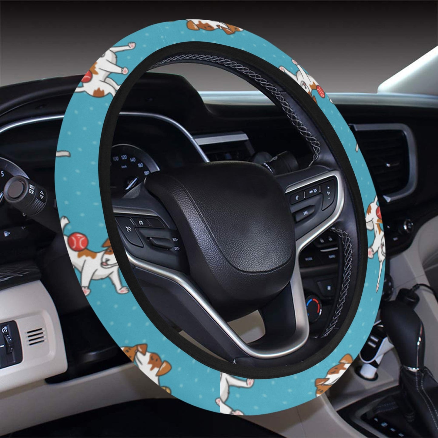 Russell Terriers Playing Print Design LKS305 Steering Wheel Cover with Elastic Edge