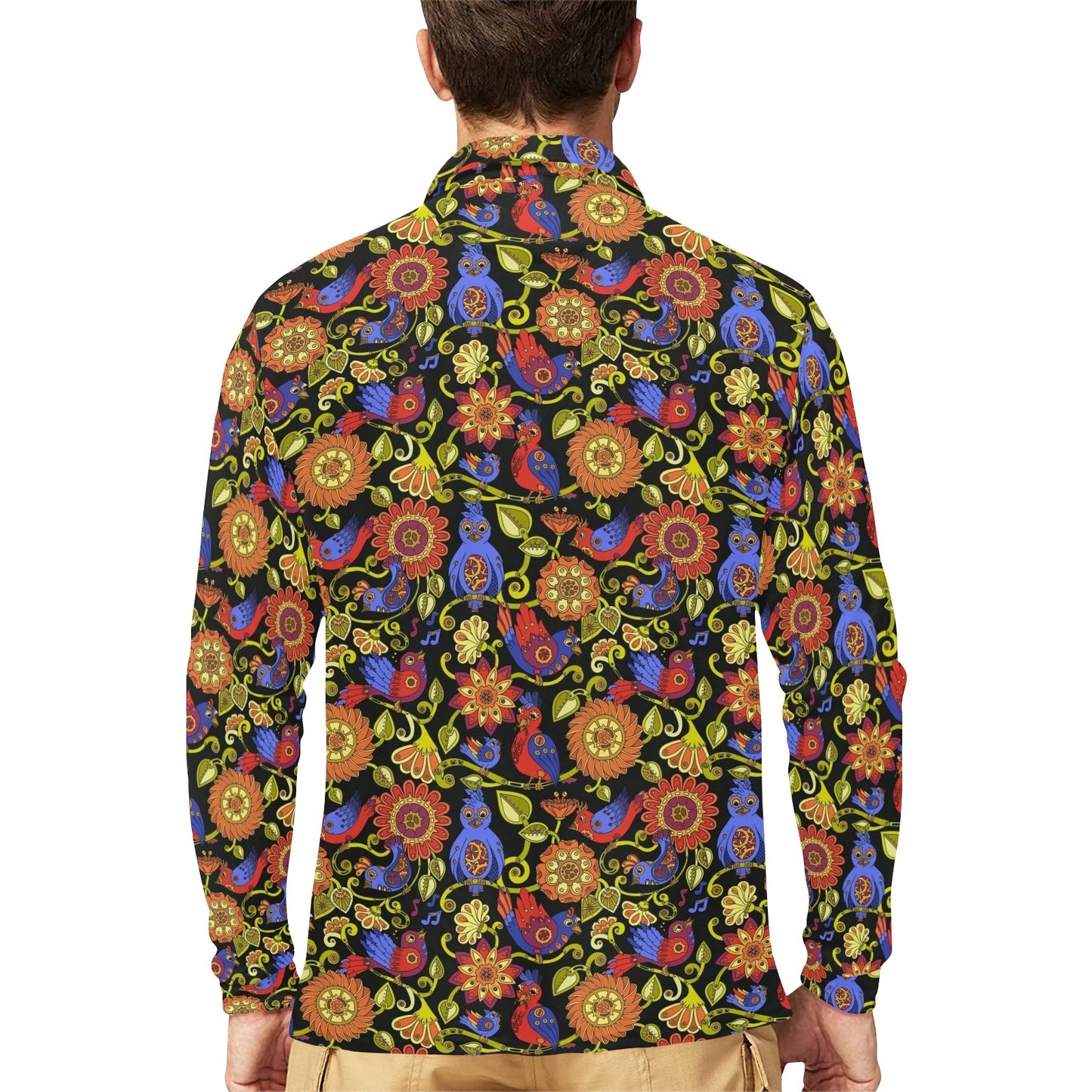 Steampunk Bird Design Themed Print Long Sleeve Polo Shirt For Men's