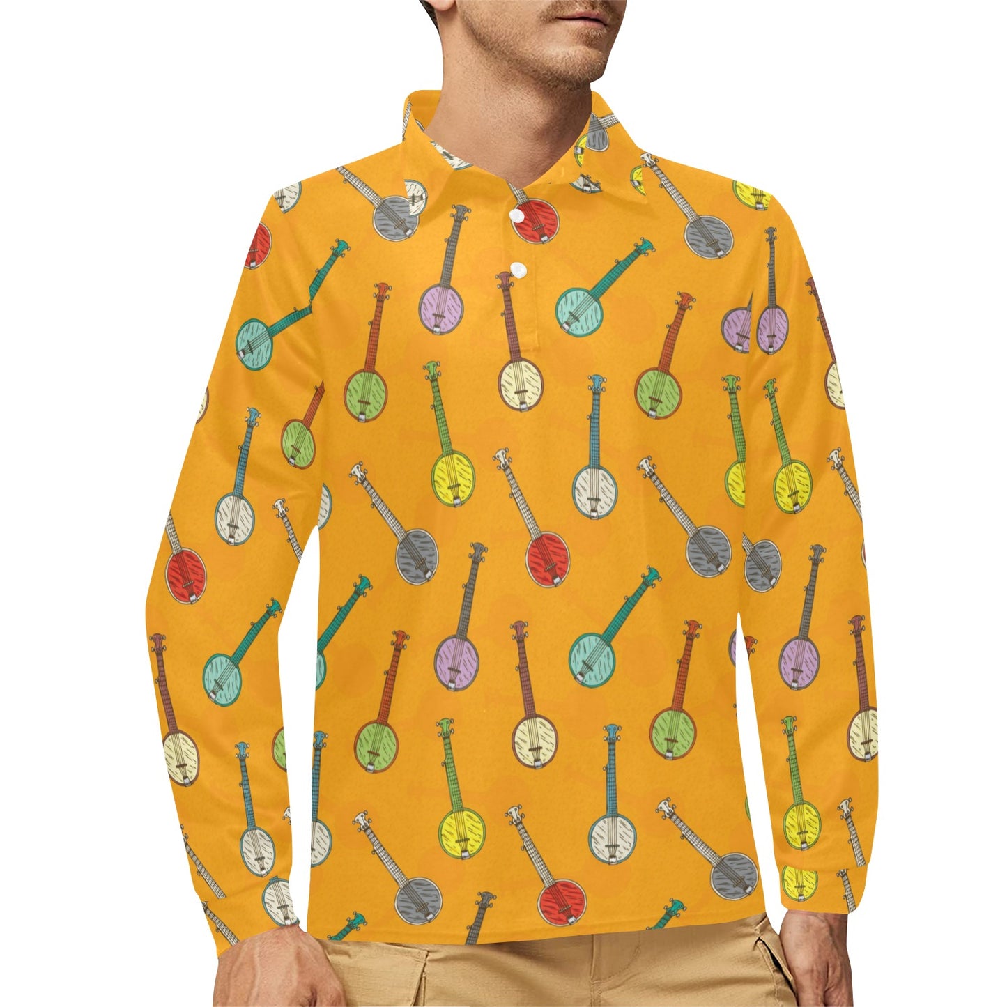Banjo Pattern Print Design 02 Long Sleeve Polo Shirt For Men's