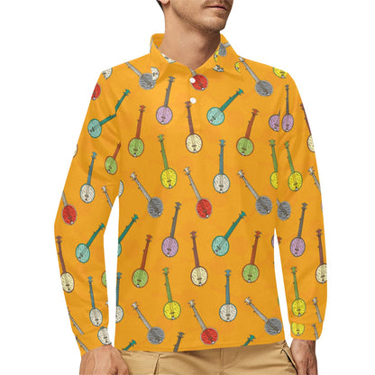 Banjo Pattern Print Design 02 Long Sleeve Polo Shirt For Men's