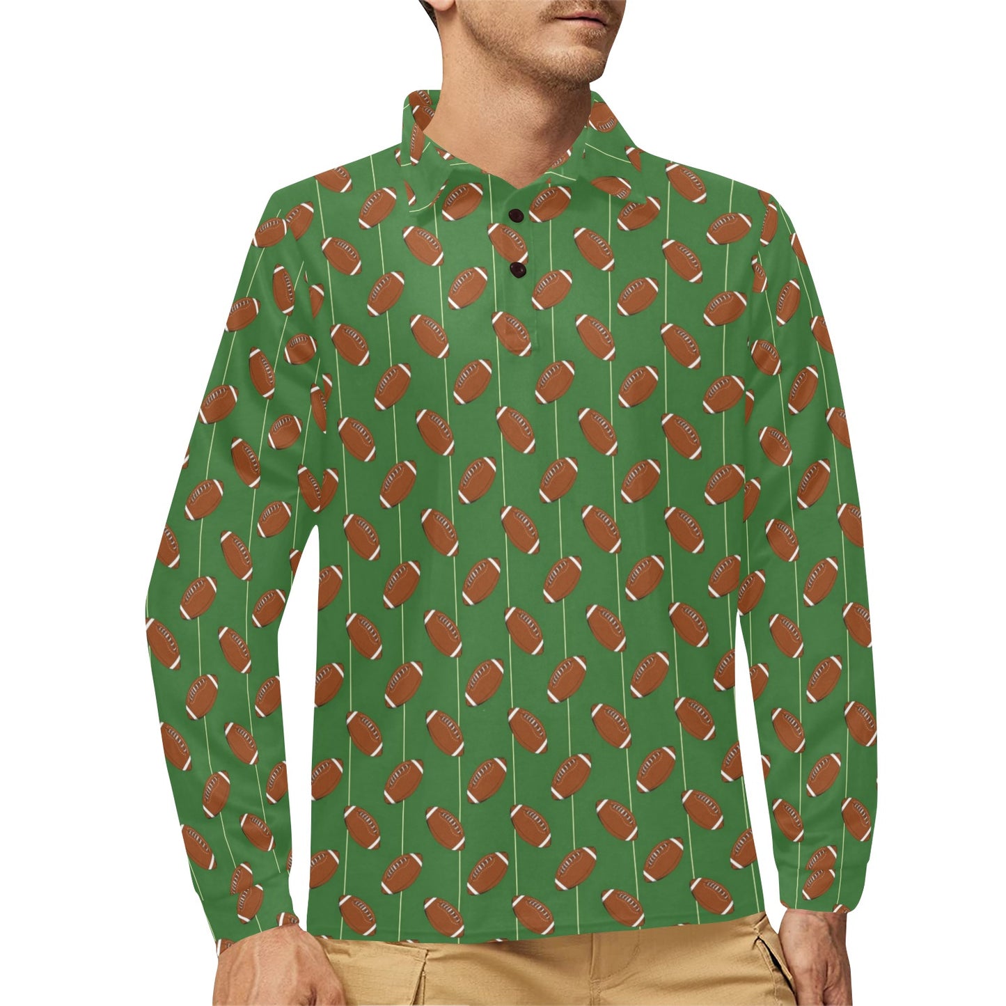American Football on Field Themed Long Sleeve Polo Shirt For Men's